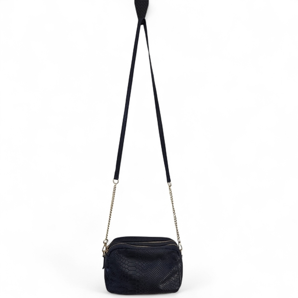 Dark Navy Genuine Leather Crossbody Bag – Python Texture Double-Zip - Picture 5 of 14